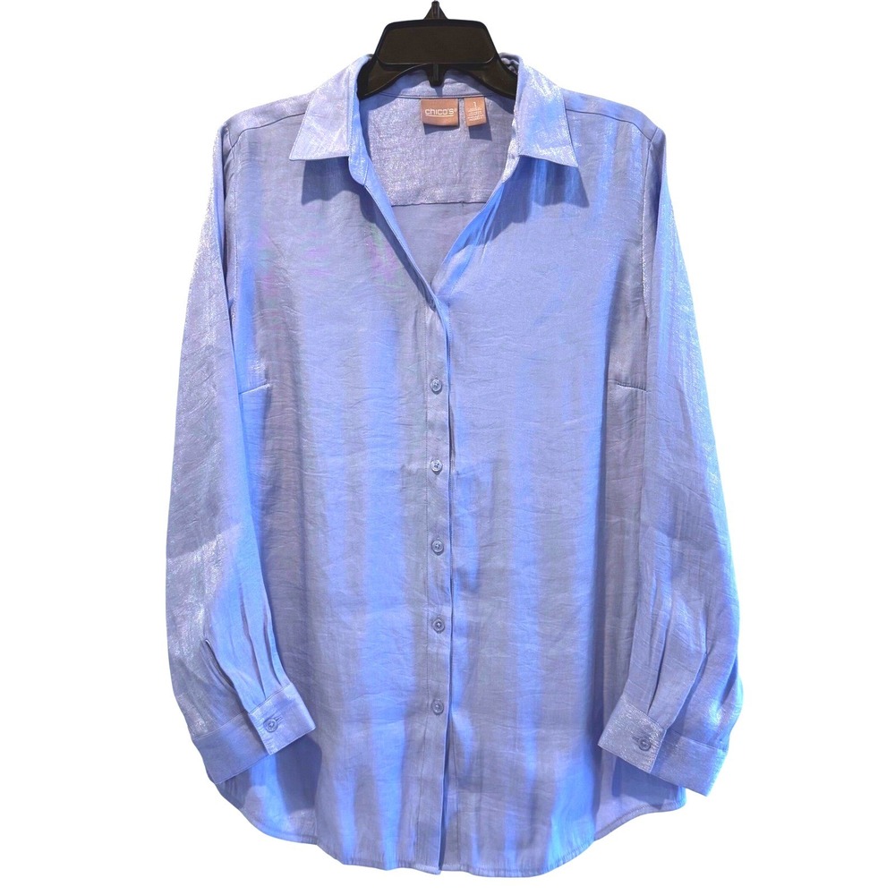 Chicos Button Down Shirt Long Sleeve Blue Metallic Shimmer Top Womens Size 8 (2)